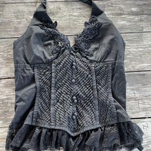 OM YES BLACK COTTON HALTER TOP, corset look, black size Large, ruffled and more